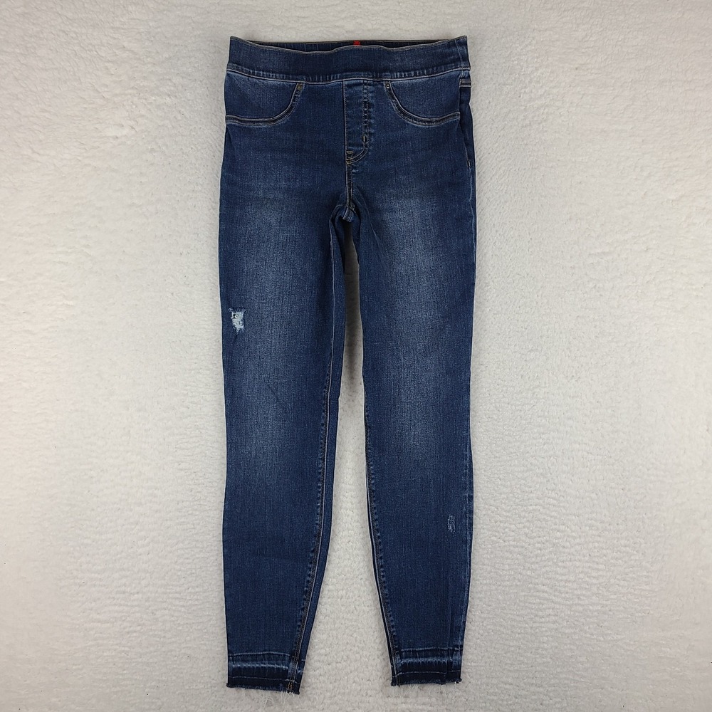SPANX Pull On Jeans Womens Small‎ Blue Skinny Distress Dark Wash Denim